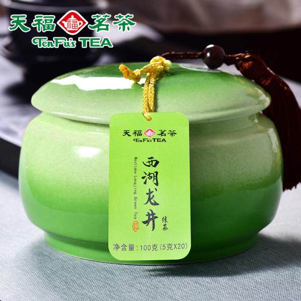 天福茗茶 茶叶绿茶 2020早春绿茶 西湖龙井 瓷罐礼盒装 100克