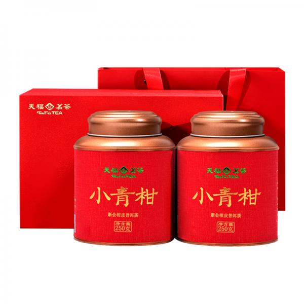 天福茗茶 同柑共福 新会小青柑普洱茶礼盒装茶叶2罐一盒500g